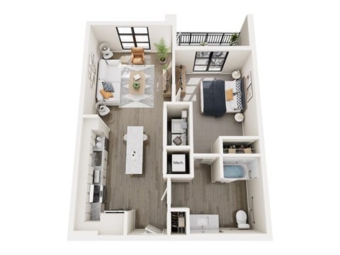Floor plan for 1 bed, 1 bath, 726 sqft